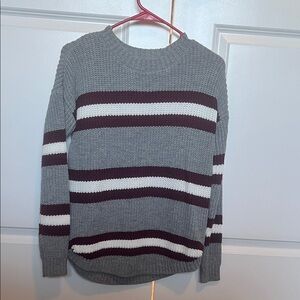 SO Gray and White Striped Crew Neck Sweater